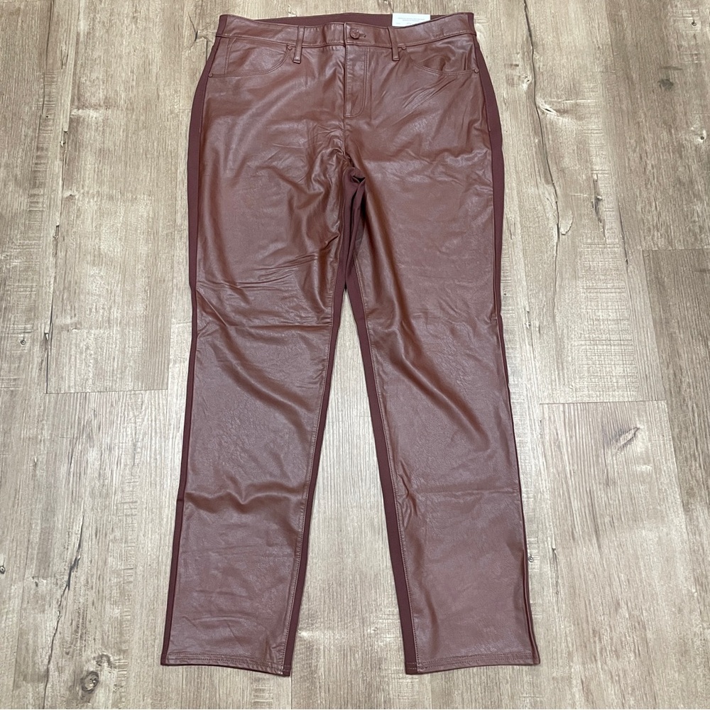 Chicos Faux Leather Front Slim Leg Pants Brown Mahogany Mixed Media Women 2R 12R